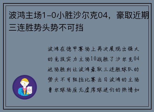 波鸿主场1-0小胜沙尔克04，豪取近期三连胜势头势不可挡
